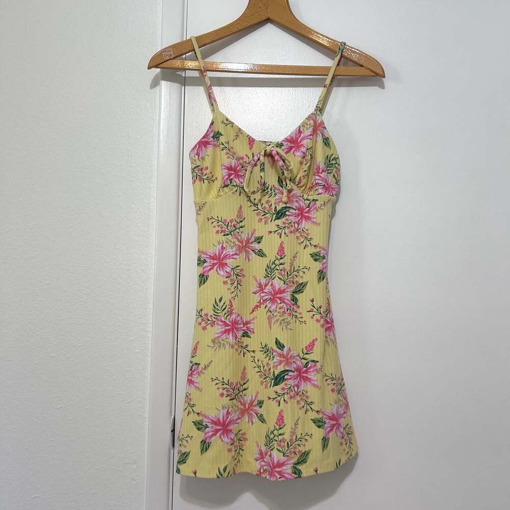 Derek Heart Women's Yellow Floral Print Ribbed Spaghetti Strap Mini Dress